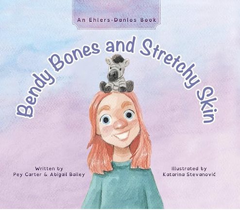 Book Cover Bendy Bones and Stretchy Skin showing a girl with red hair and a zebra on top of her head.